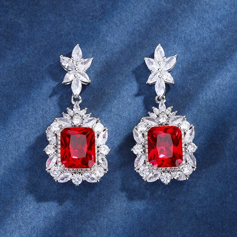 S925 Silver Plated 18K Gold Plated PT950 Platinum Red Corundum Retro Square Set Female Main Stone 10*12 Jewelry