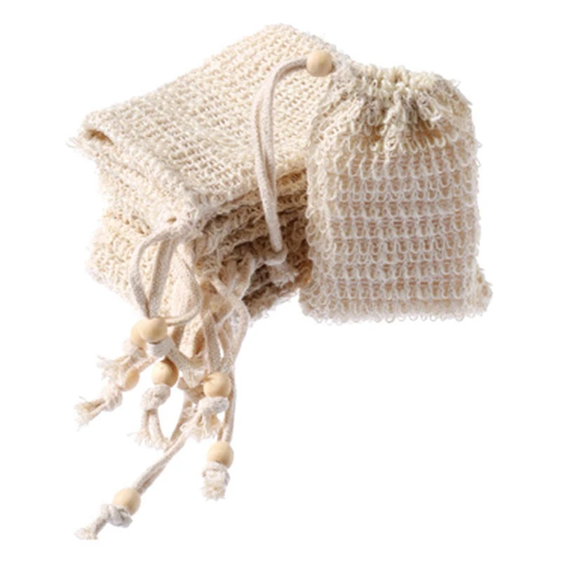 كيس موفر للصابون مع خرز خشبي ، حقيبة السيزال الطبيعية ، 60 عبوة