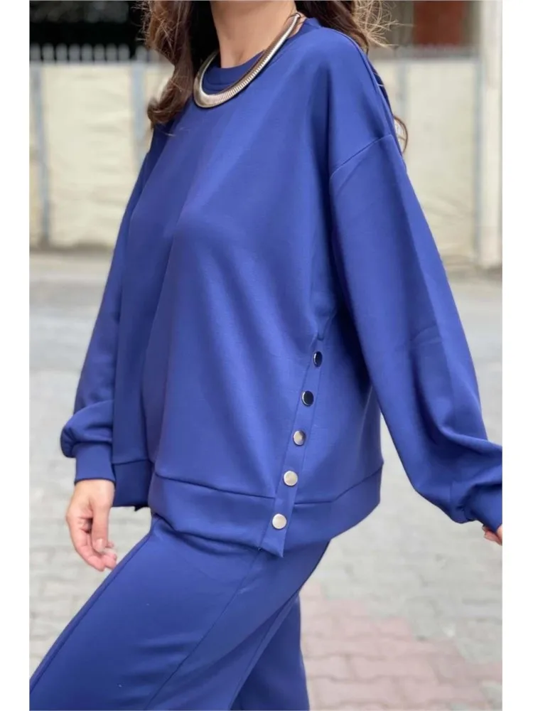 2025 outono inverno casual botão solto conjuntos de duas peças moda feminina novo o pescoço agasalho sweatshirts dividir topos calças compridas terno