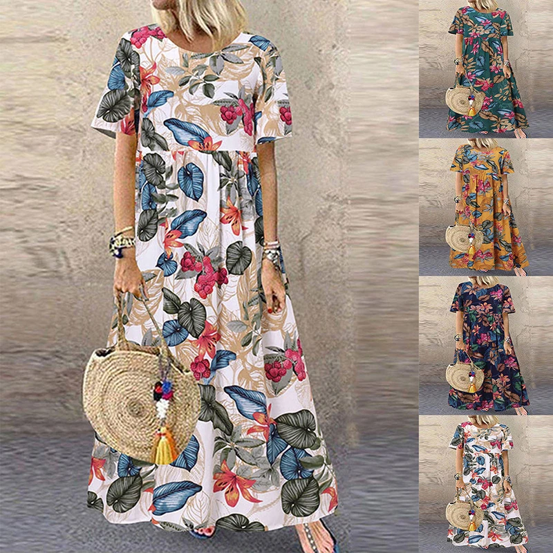 Robe d'été bohème longue pour femmes, vintage, imprimé floral, manches courtes, robe de plage, été, 2024