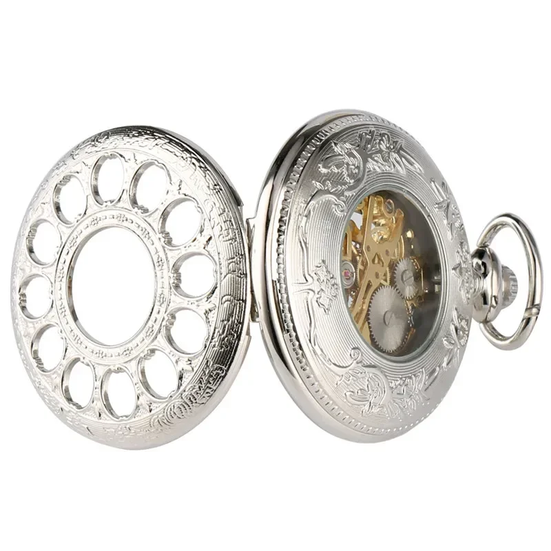 Vintage Hollow Out Flowers Roman Number Display Handwinding Mechanical Pocket Watch with Pendant Chain reloj de bolsillo