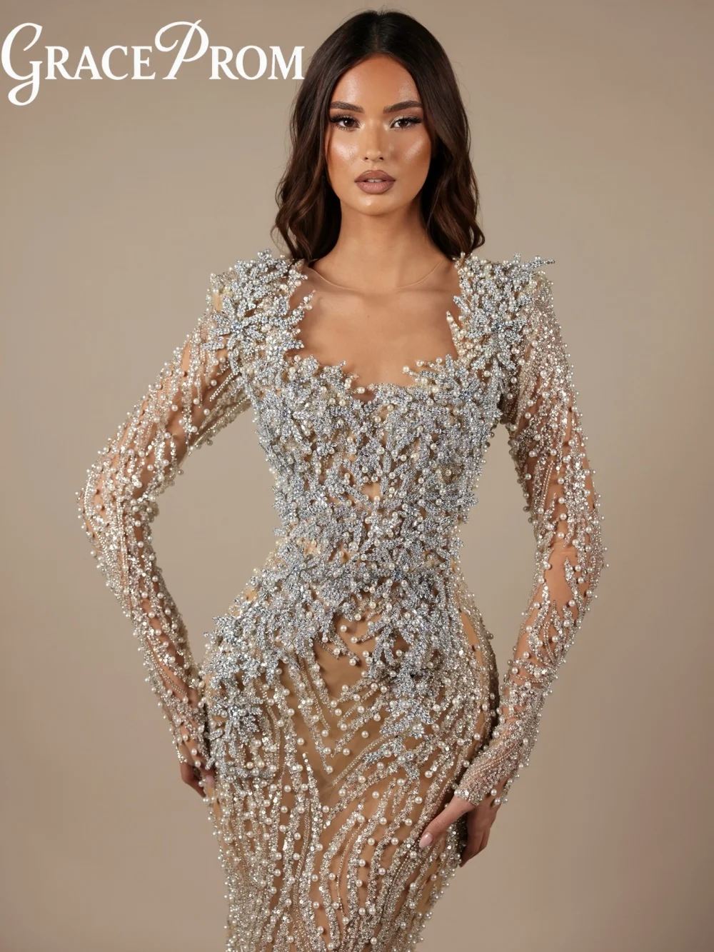 

Solemn Pearl Evening Dress 2026 Romantic Beaded Carpet Gown Sexy V Neck Crystal Beaded Floor Length Party Gown فساتين سه