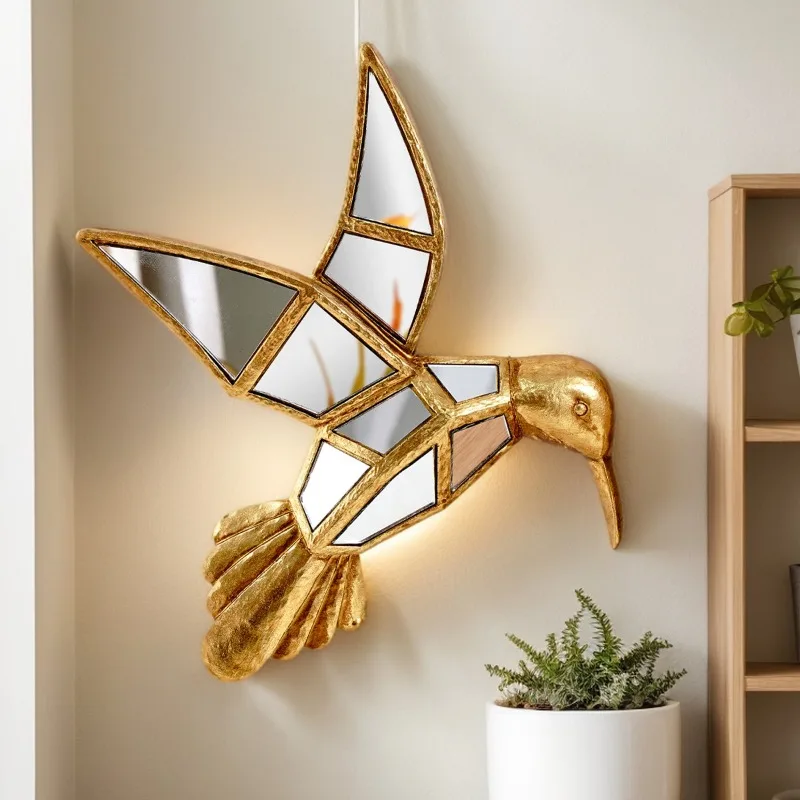 Nordic Golden Bird Mirror Wall Hanging Piece Resin Craft Golden Hummingbird Background Wall Decoration Mirror Hanging Decoration