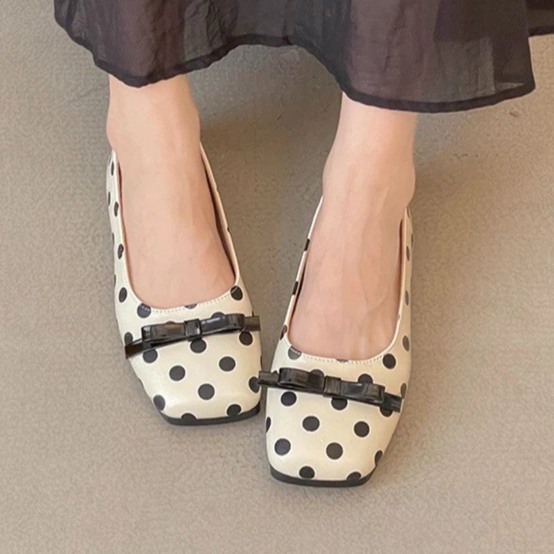 Women'd Square Closed Toe Wave Point Style Single Shoes Women Vintage Fashion Bow Embellishment Low Top Shoes Spring and Autumn