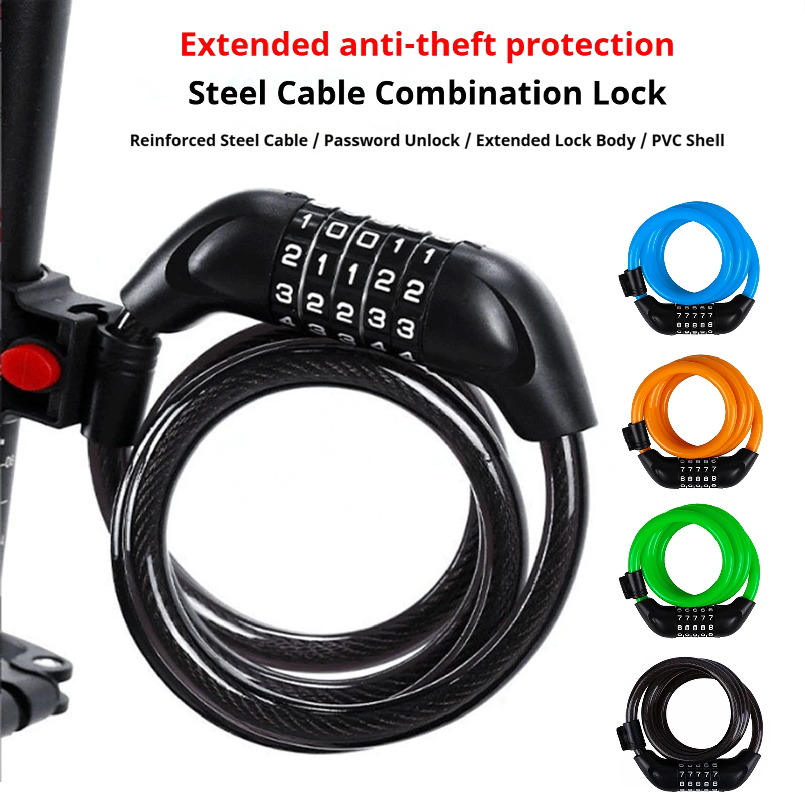 

5-Digit Password Bike Lock for Bicycle E-Bike, Anti-Theft Steel Cable Coil Lock, Circular Code Lock for Riding Gear, Motorcycle