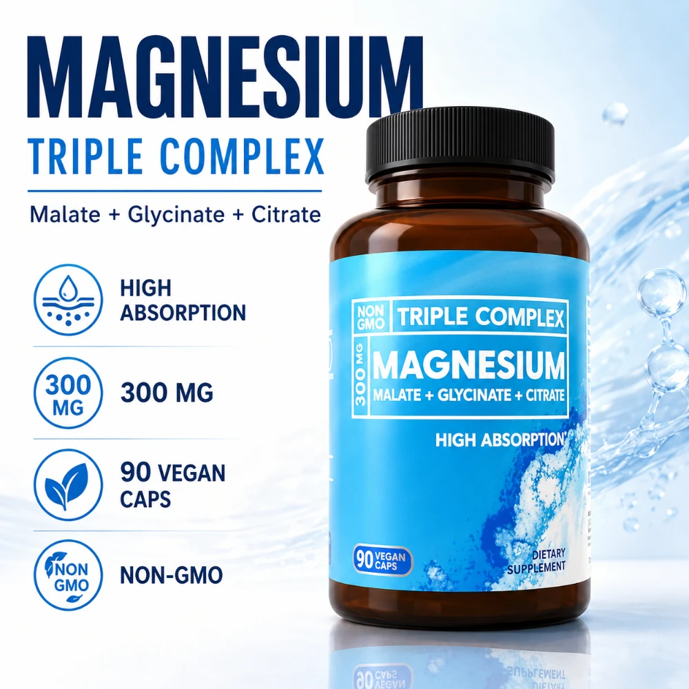 

Triple Magnesium Complex 300mg Magnesium Glycinate Malate Citrate High Absorption Chelated Formula Vegan Non GMO
