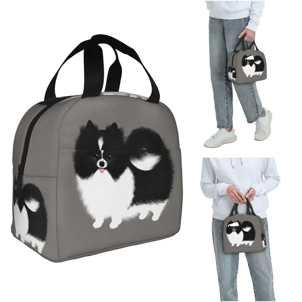 Black And White Parti Pomeranian Fluffy Dog Insulated Lunch Bag for Women Children Portable Food Boxes Thermal Lunch Box Tote