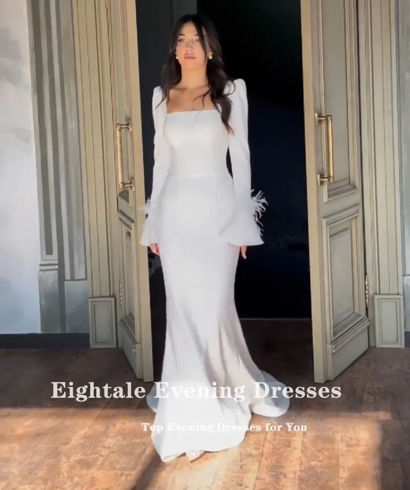 Eightale Arabic Wedding Dress Customized Ivory Strapless Bridal Gown Long Sleeves Feather Muslim Mermaid Bride Party Dress