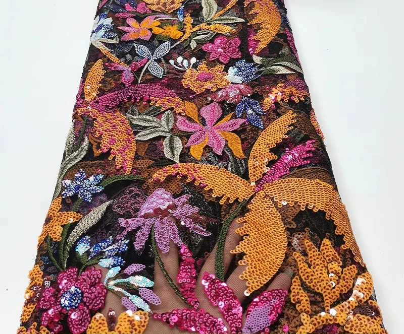 French luxurious lace fabric, African flower coconut tree sequin embroidery fabric, sewing fabric, high quality