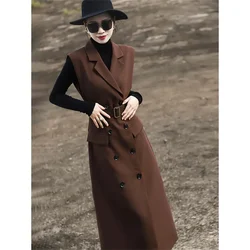 New French Style Luxury Long Vest Dress 2025Spring Autumn Temperament Double Breasted Sleeveless Suit Vest Dress Women Waistcoat