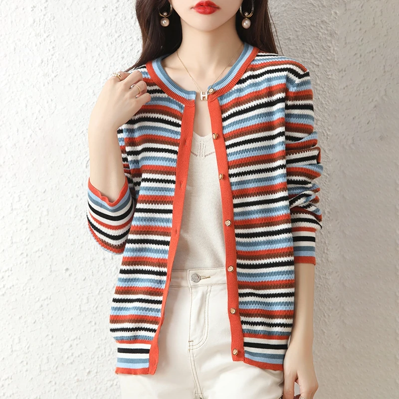 Spring And Autumn  Style Cotton Ladies Cardigan Round Neck Striped Loose Casual Long Sleeve Sweater Versatile Top Thin