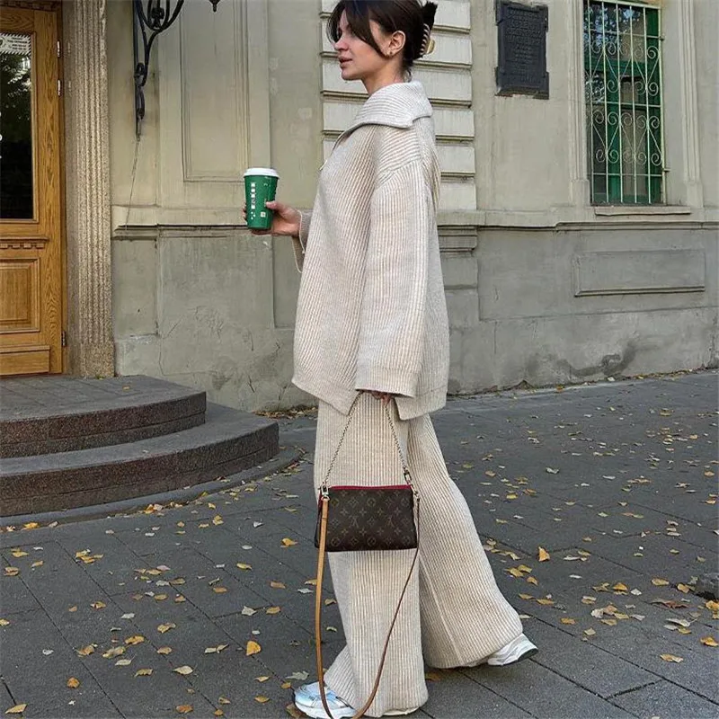 Autumn Winter New Casual Loose Knitted Women's Sweater Set Half Zipper Hoodie Top and Wide Leg Trousers Two-piece Set Streetwear