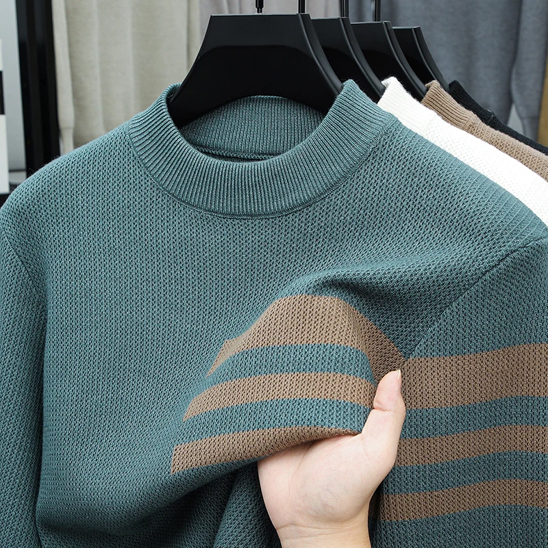 

Лидер продаж, роскошный качественный мужской вязаный свитер, антипиллинг, полувысокий воротник, полосатый жаккардовый пуловер, зимняя внутренняя мужская одежда