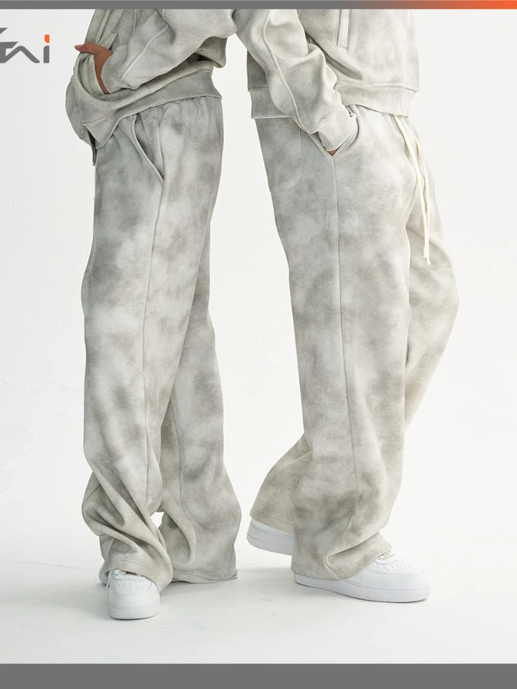 بنطال رياضي رجالي ملابس الشارع رمادي التعادل صبغ الصوف الثقيل الرباط فضفاض صالح مستقيم الساق عادية ريترو الخريف الشتاء الاتجاه الزي #3