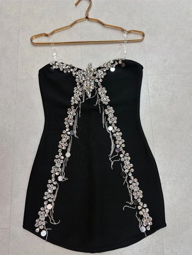 Luxury Crystals Black Bandage Prom Dress Sexy Stripe Sleeveless Short Mini Party Gown Formal Wedding Guest Birthday Evening Robe