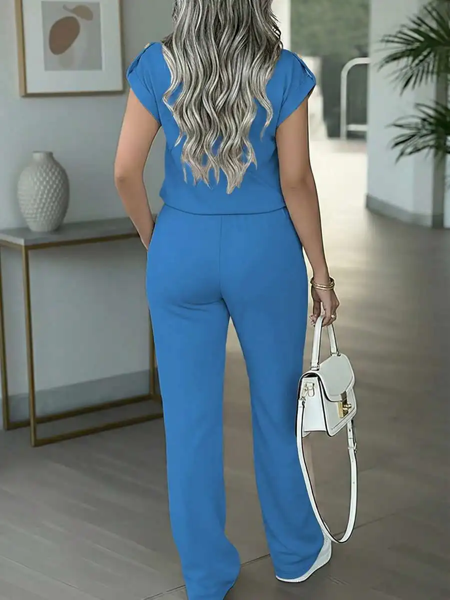 

Womens 2-Piece Solid Color Short Sleeve Top And Pants Set Casual Outfit