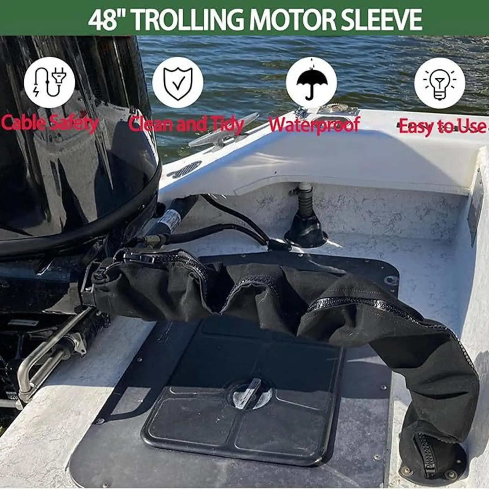 Manchon de protection pour câbles de moteur hors-bord, 48 pouces, avec fermeture éclair, noir, pour équipement de pêche marine