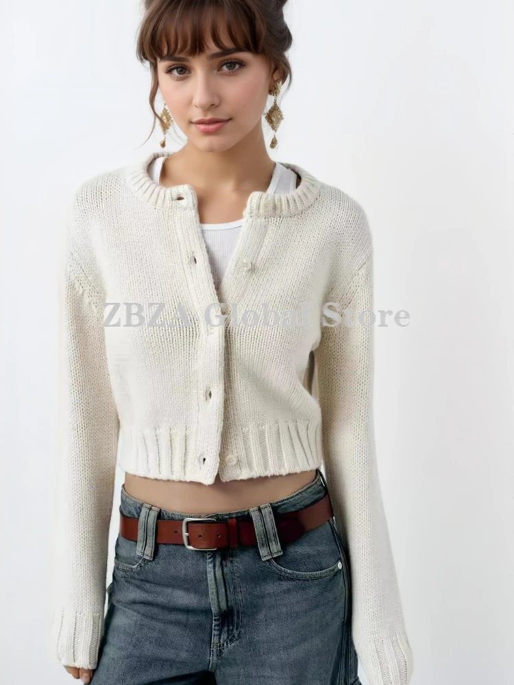 ZBZA Women Vintage Knit Cardigan Solid Crew Neck Long Sleeve Single Breasted Threaded Hem Short Sweater Fall Winter New Lady Top