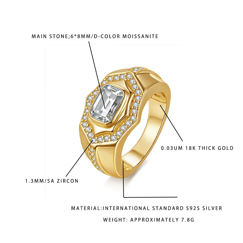

7.8G Heavy-Duty Moissanite Ring 18K Gold Plated S925 Silver Chunky Design