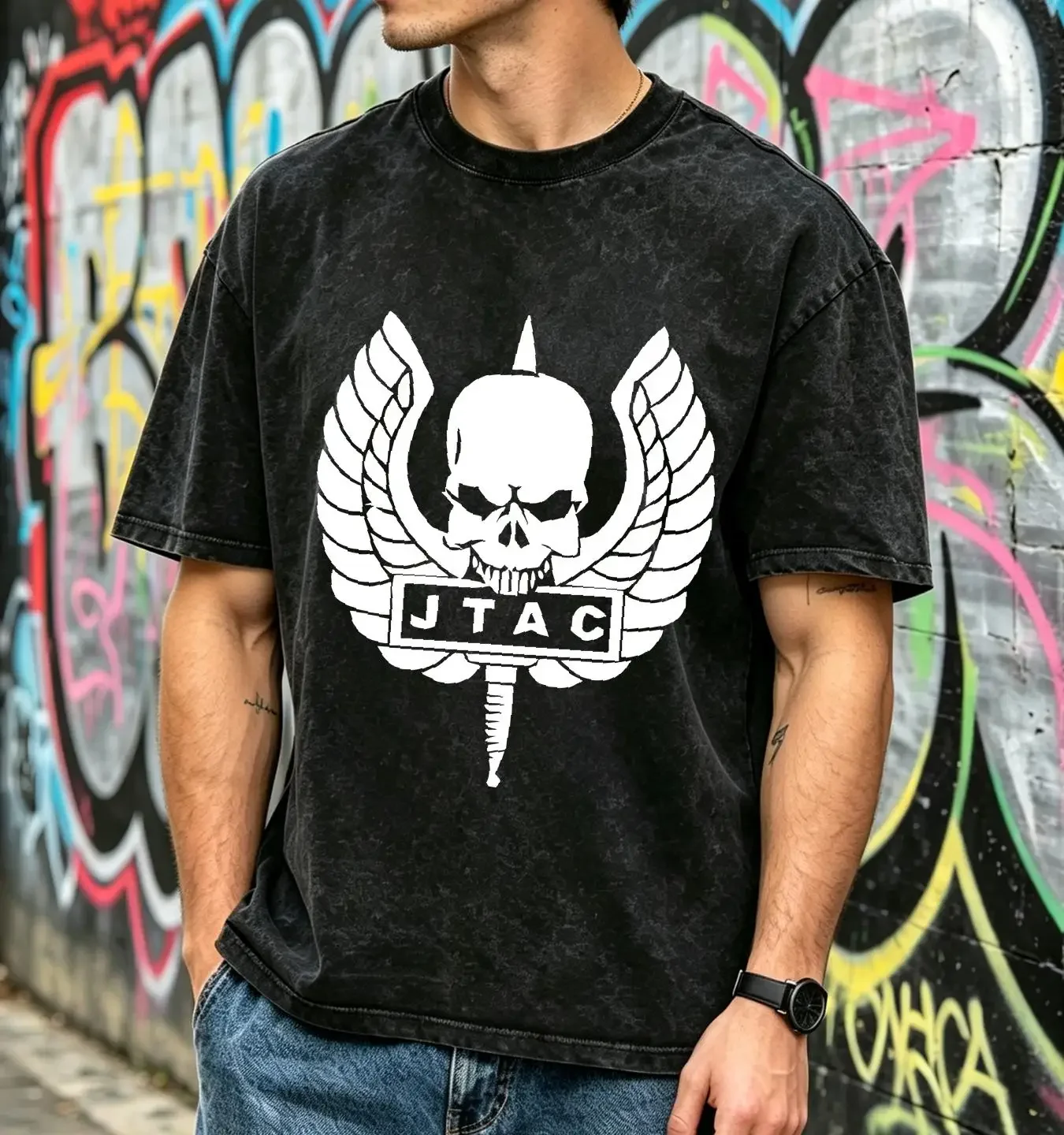washed T Shirt Joint Terminal Attack Controller JTAC long or short sleeves vintage Washed streetwear Top For Everyday Wear