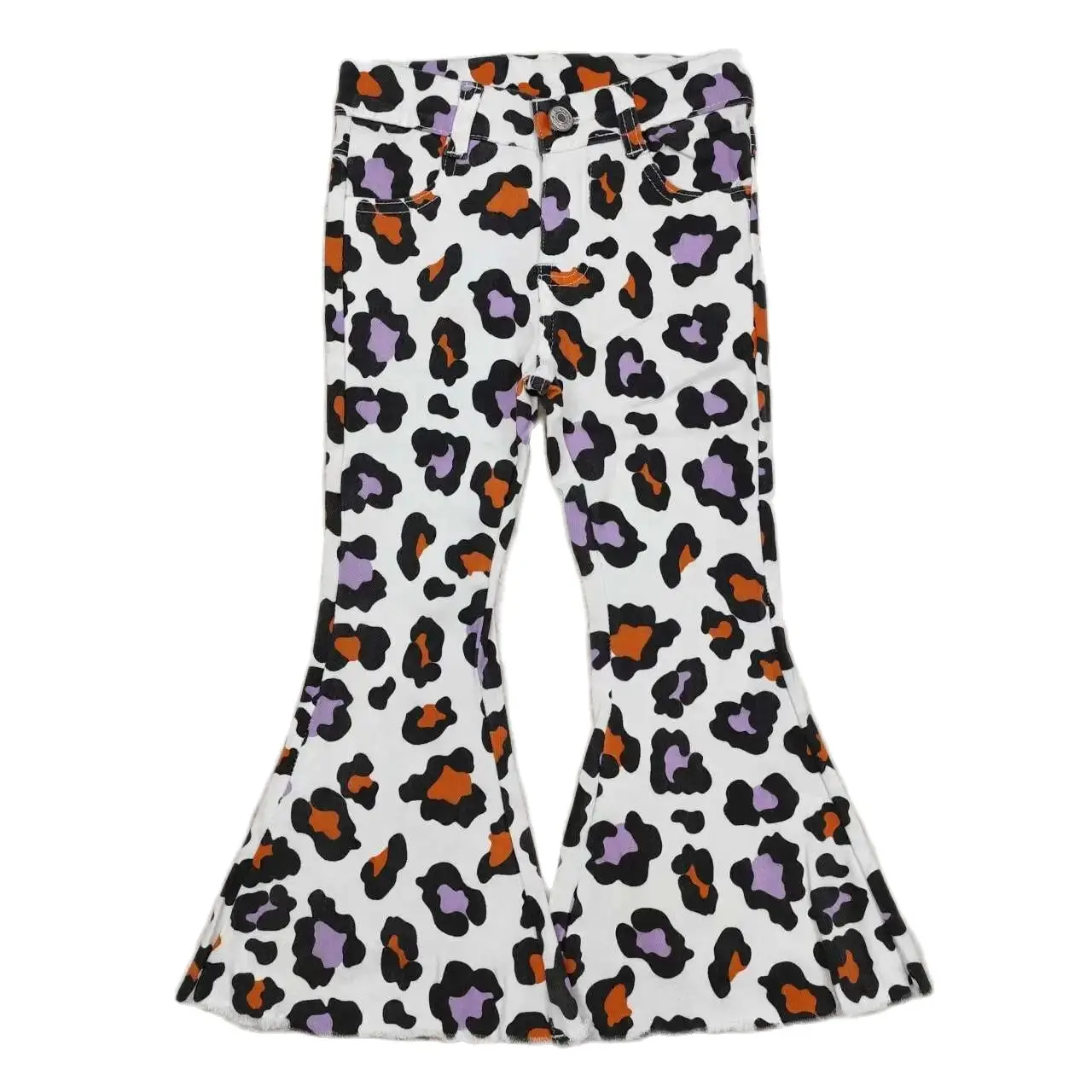 

New products RTS kids denim pants halloween children purple and orange leopard bell bottom jeans baby girl trousers