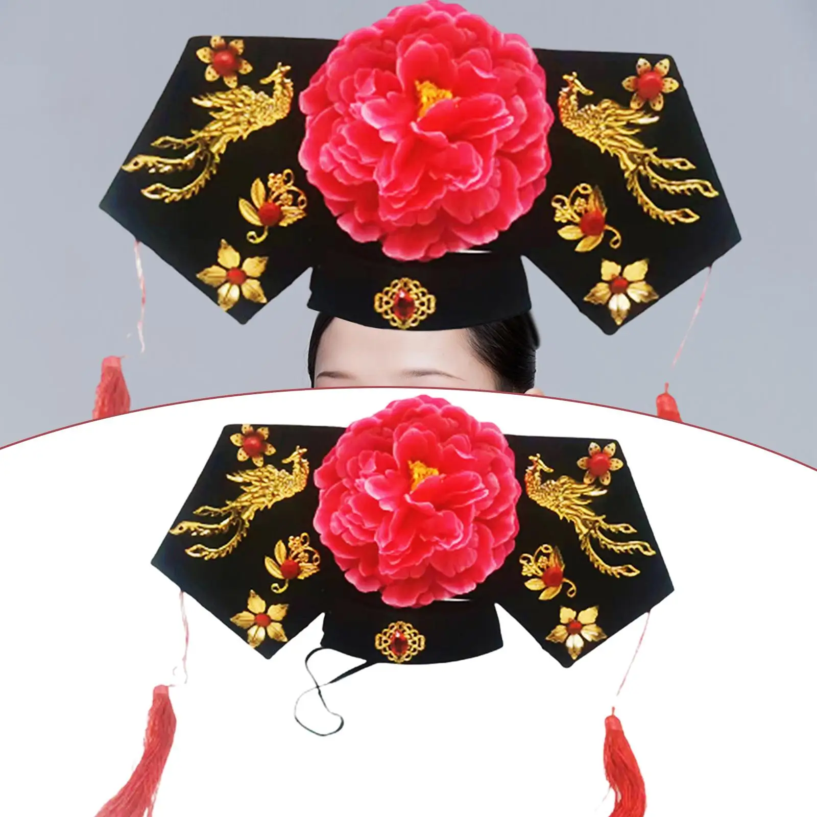 Qing Headband with Tassel Props Embellished Chinese Hair Hoop Floral Hairband for Birthday Holiday Party Performance