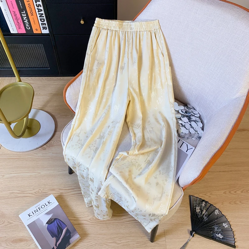 Novo chinês sle bordado acetato calças de perna larga mulheres verão cintura alta solta drapey emagrecimento casual em linha reta calças compridas