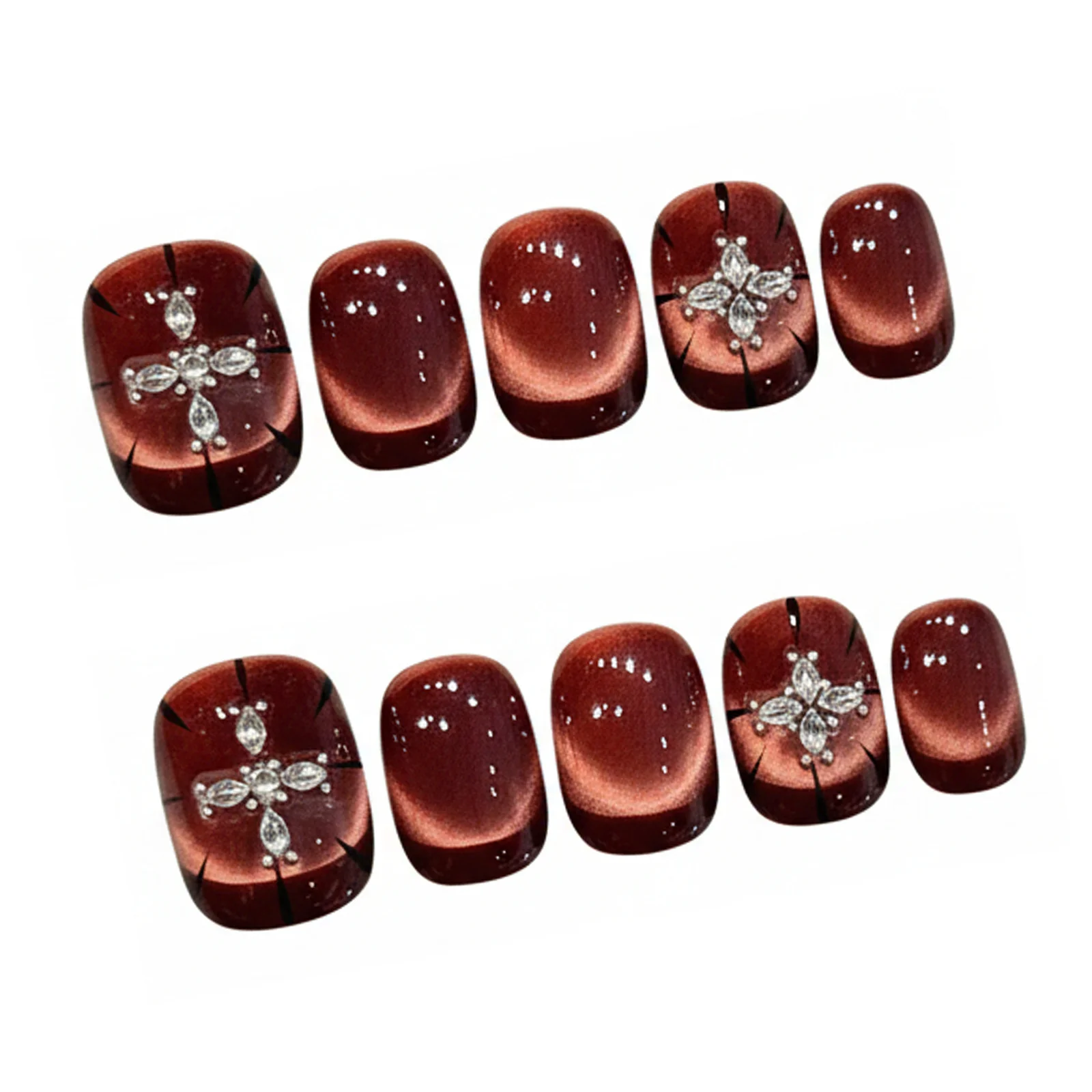 10 個ワインレッドキャッツアイプレスオンネイル手作りエレガントショートラウンドフレンチスタイル付け爪光沢のあるラインストーン装飾フェイクネイル