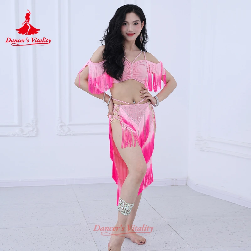 Strój do tańca brzucha dla kobiet, ekskluzywny, seksowny, dwukolorowy, z frędzlami, zestaw do ćwiczeń tańca orientalnego dla dorosłych.