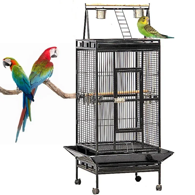 luxury big space black stainless steel metal iron parrot canary budgie pet bird cage with wheels