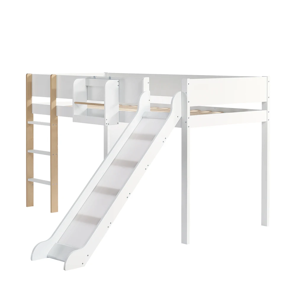 PINGGO Hochbett für Kinder mit Rutsche, 3-stufige Leiter, abnehmbares Regal, Kiefer MDF, Weiß Natur, 90x200cm, ohne Matratze – Detail 9