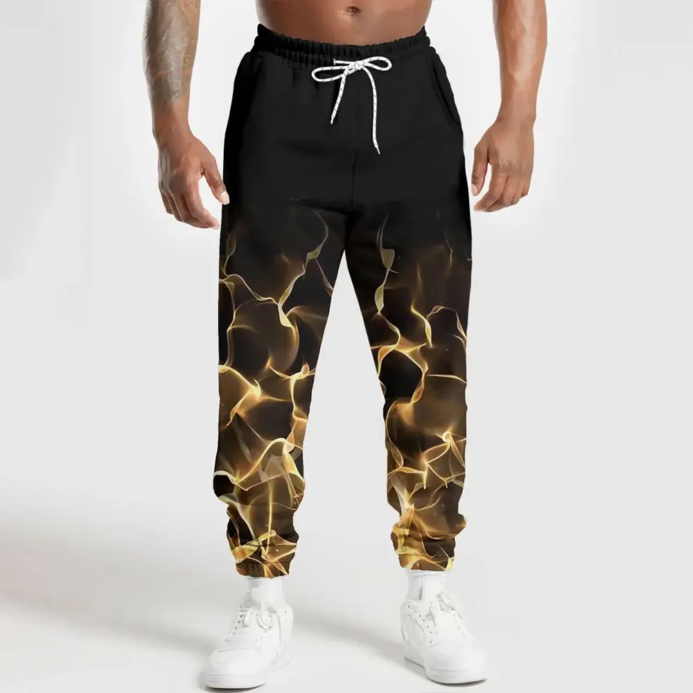 

2024 New Fashion 3D Flame Print Color Matching Sweatpants Men Loose Casual Pocket Drawstring Sweatpants Winter Thick Warm Pants