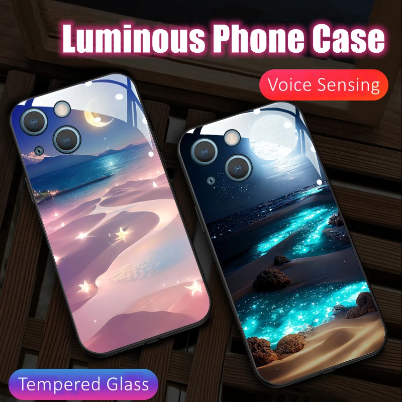 

Fairy Beach LED Light Glowing Luminous Tempered Glass Phone Case for Samsung S22 S23 S24 Note 10 20 A14 A33 A53 A73 Plus Ultra