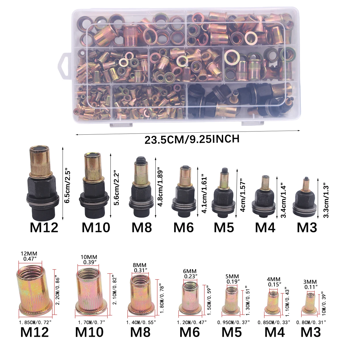 430Pcs Rivet Nut Hand Tool Combination Set Includes Color Zinc and Aluminum (M3, M4, M5, M6, M8) in 5 Sizes, Suitable for Furniture, Decoration, Automotive, Marine, and Industrial Applications