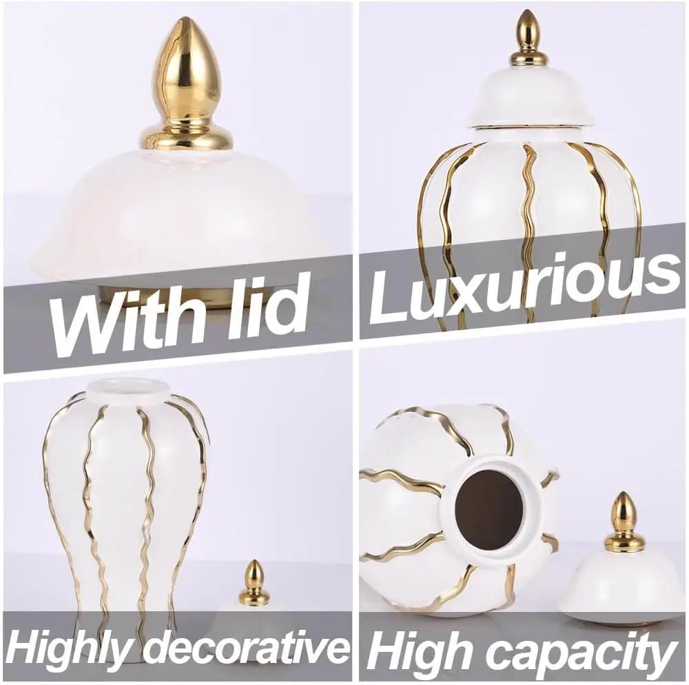 

14.2"" White And Gold Ceramic Ginger Jar Vase With Lid - Modern Luxury Ceramic Ginger Jar Decorative Vase For Home Decor,