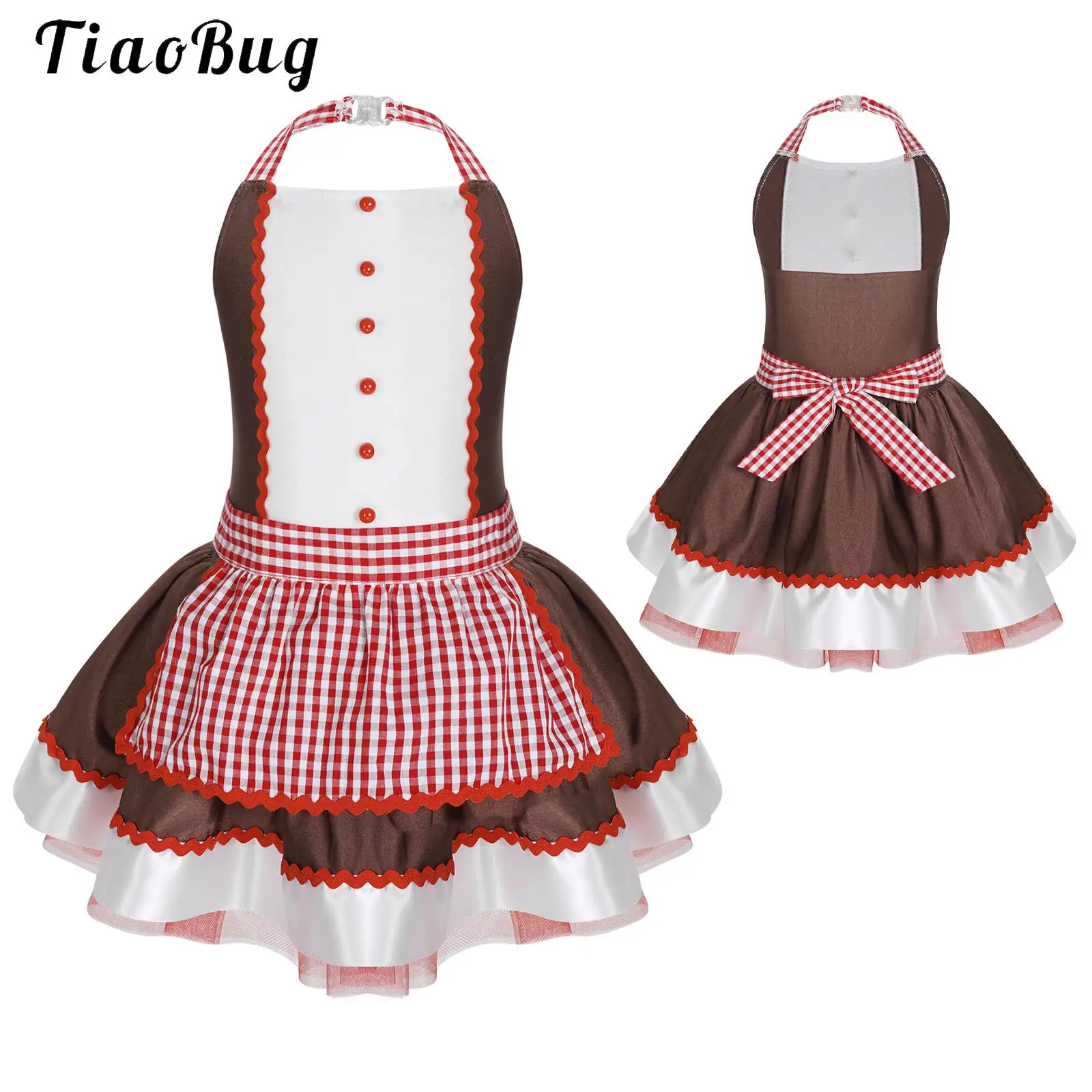 

Girls Gingerbread Costume Halter Neck Striped Bowknot Apron Halloween Christmas Cosplay Ballet Leotard Tutu Xmas Holiday Dress