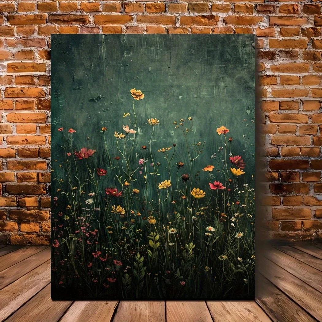(No frame)1pc Wildflower Field Canvas Wall Art - Vintage Botanical Landscape with Pine Wood Frame, Modern Farmhouse Decor Sui