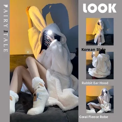 

Зимняя утепленная флисовая коралловая велюровая домашняя одежда для женщин: пижама с ушками кролика, милая, с длинными рукавами