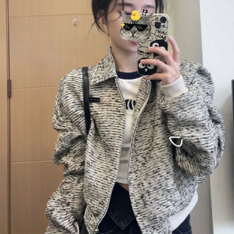 

Fashionable Screw Thread Zipper Short Jacket for Women's Spring Autumn High-end Korean Version Retro Chic Baseball Jacket Top