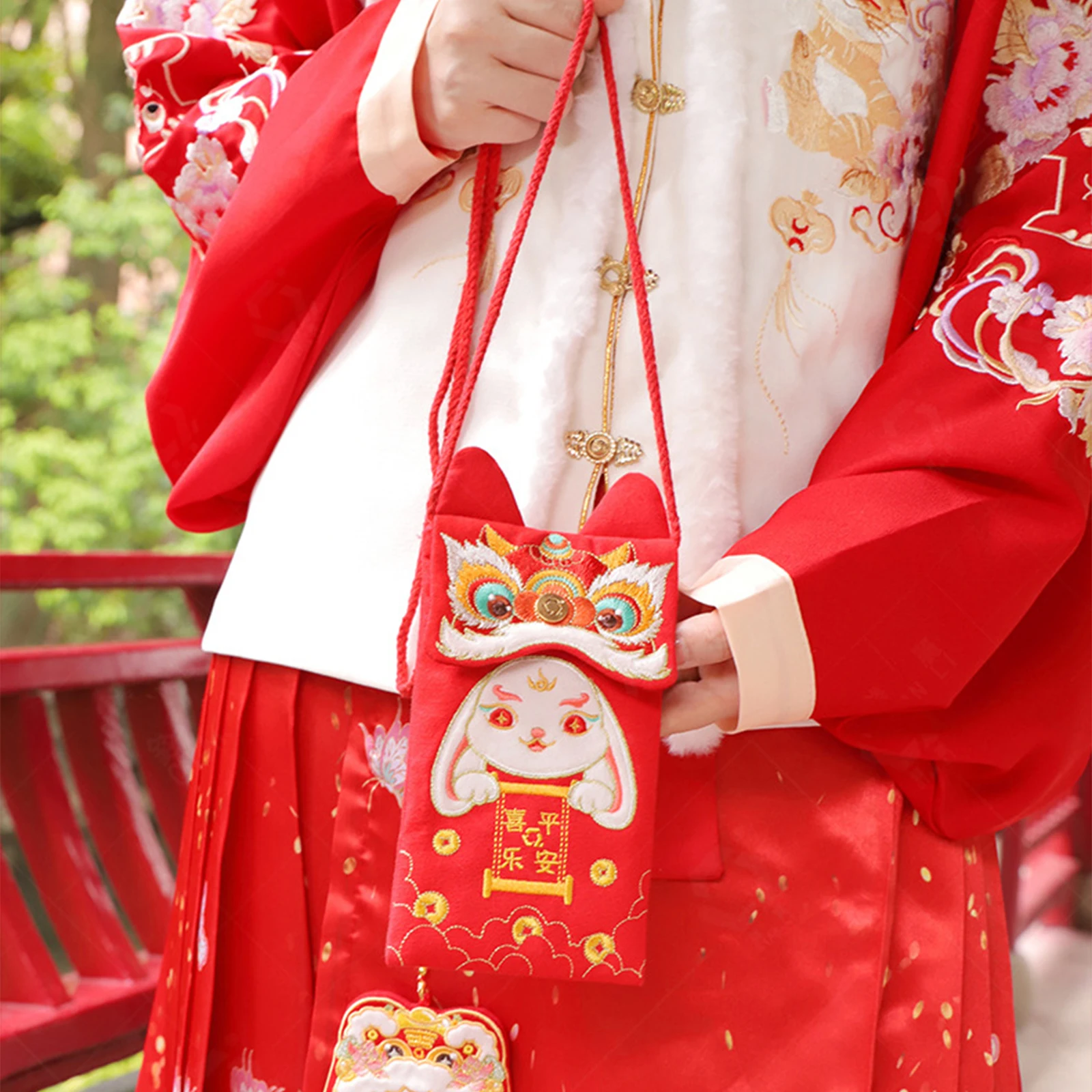 Year Of The Rabbit Cartoon Embroidery Red Envelope Childrens Gift Money Packing Bag Diagonal Bags 2023 Chinese Spring Festival