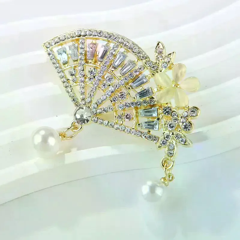 Chinese Style Fashion Luxury Rhinestone Fan-Shaped Brooches For Women Clothing Coat Accessories