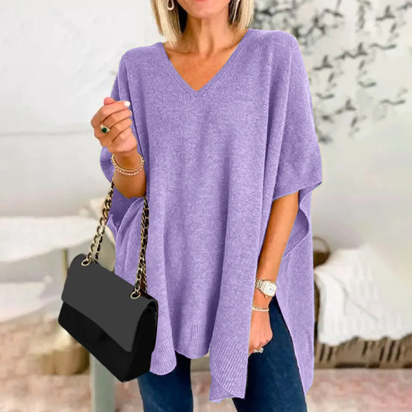 Autumn New Women's Clothing Sweater Cape Draped V Neck Loose Sweater Top Bat Sleeve Knitted Fashion Pullover Sweater Cloak