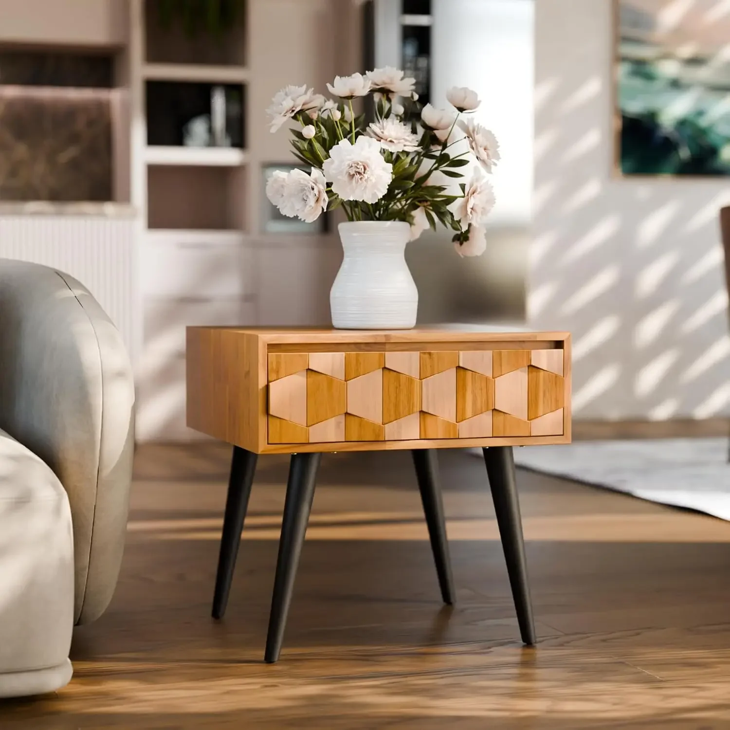 postmodernNordic Mid Century Minimalist Solid Wood Nightstands With Drawers, Geometric Pattern Bedside Cabinet Rustic Fully