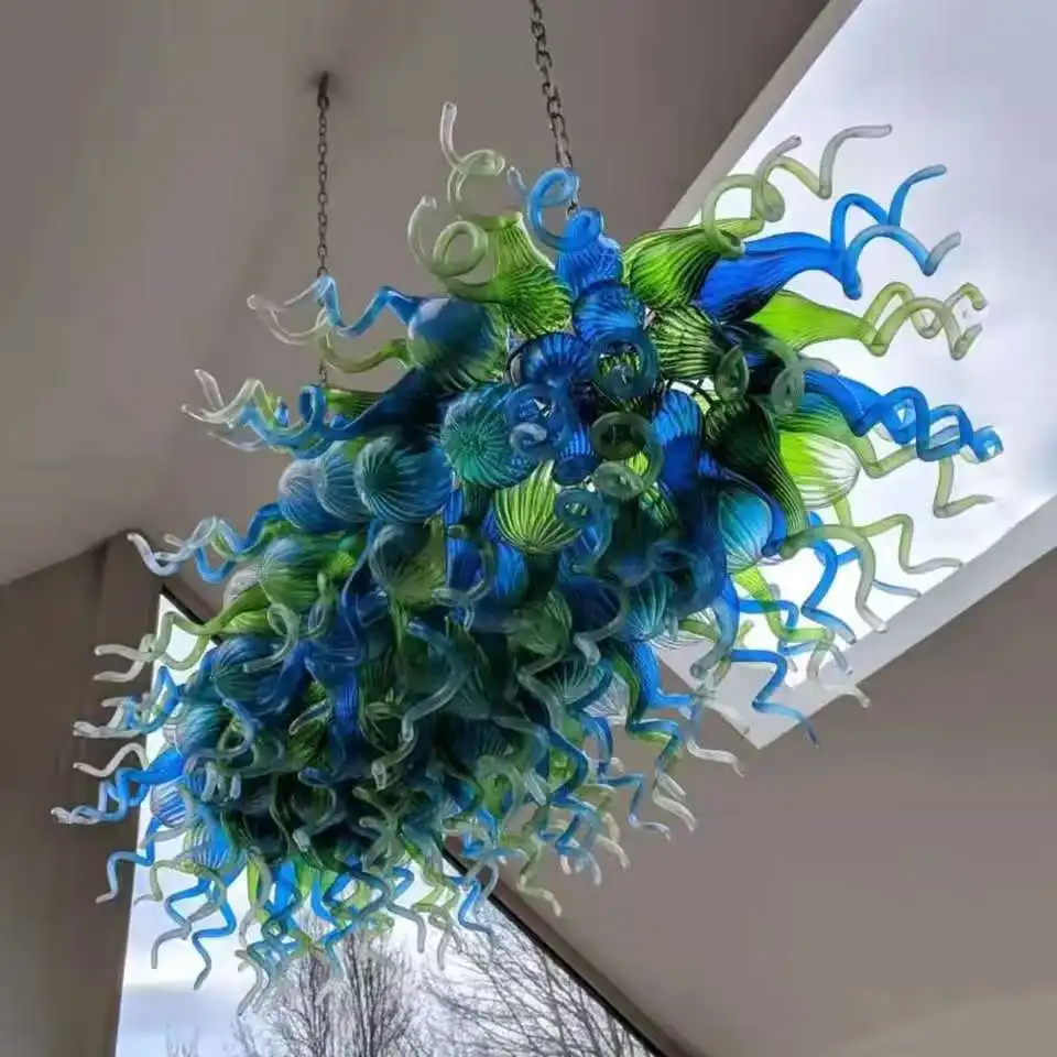 

Blue and Green Glass Pendant Lamps Hand Blown Glass Modern Chandeliers with Led Bulbs for Home Art Decoration
