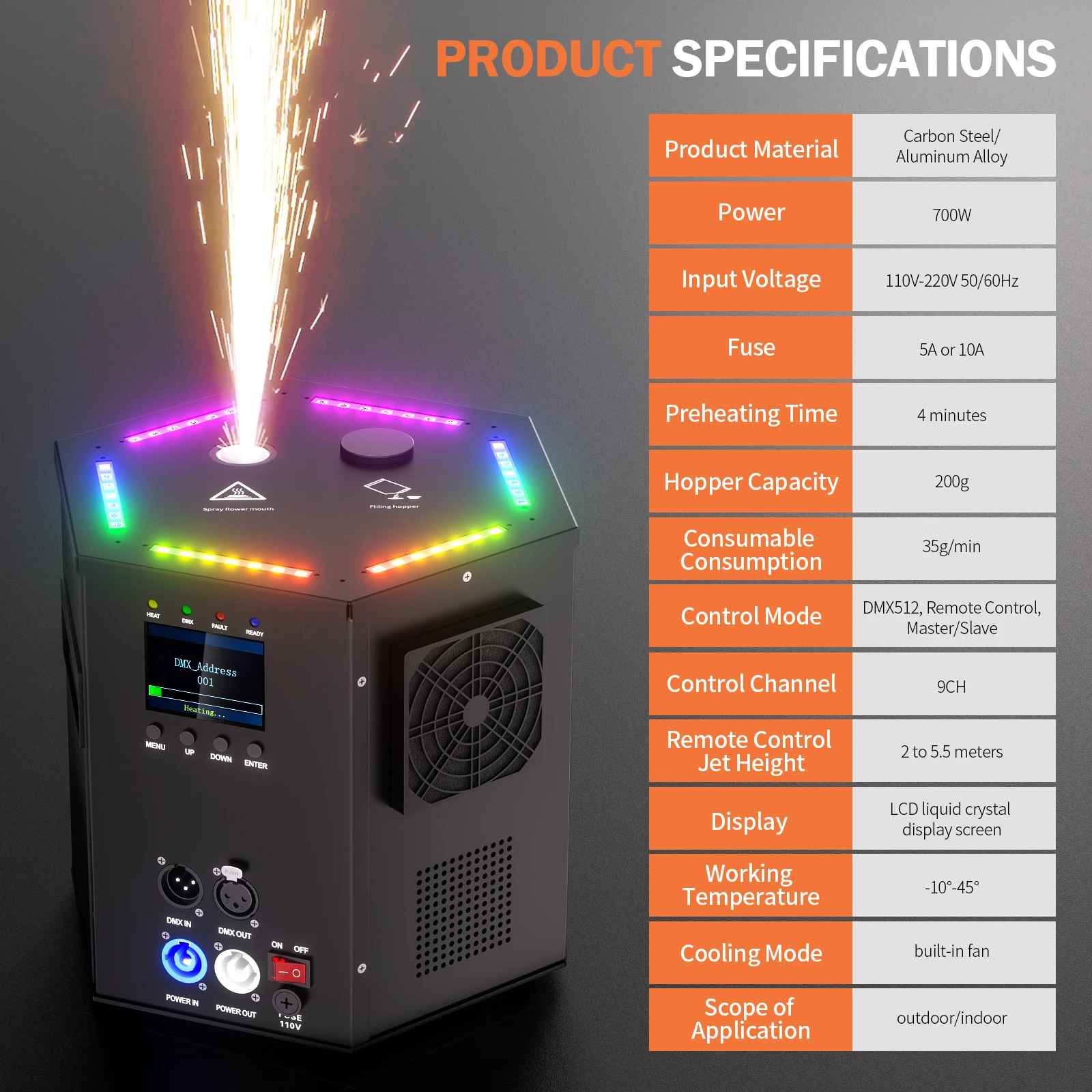 Fieryzeal 700W LED Cold Spark Machine with RGB Light DMX Electronic Flower Spraying Machine Indoor/Outdoor Stage Effect Machine
