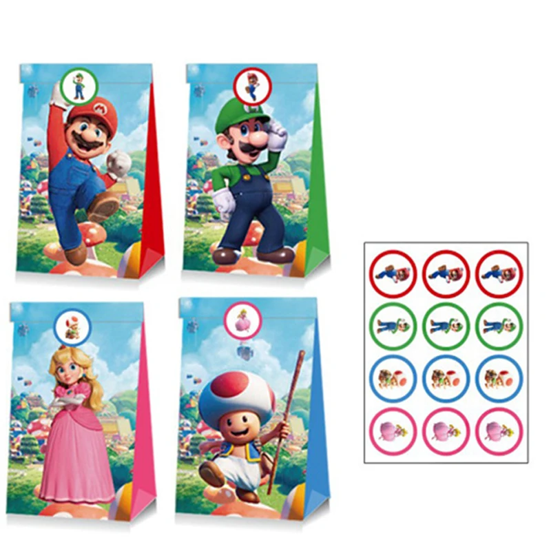 12pcs Super Mario Bros Candy Bag Anime Children Birthday Party Gift Bag Kraft Paper Bags Cartoon Party Wedding Favor Cookie Bag