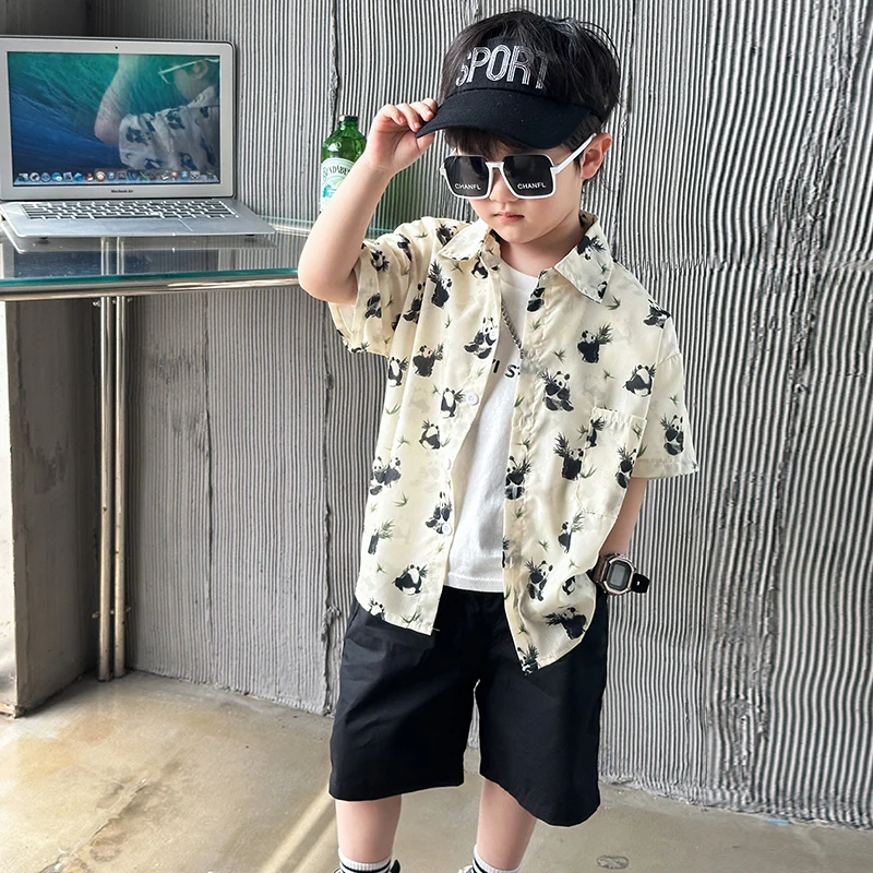 

New Childrens Set Summer Boys Panda Print Short sleeved Shirt+Casual Sports Shorts 2pcs Set Baby Cool Design Beach Clothing 3T 9