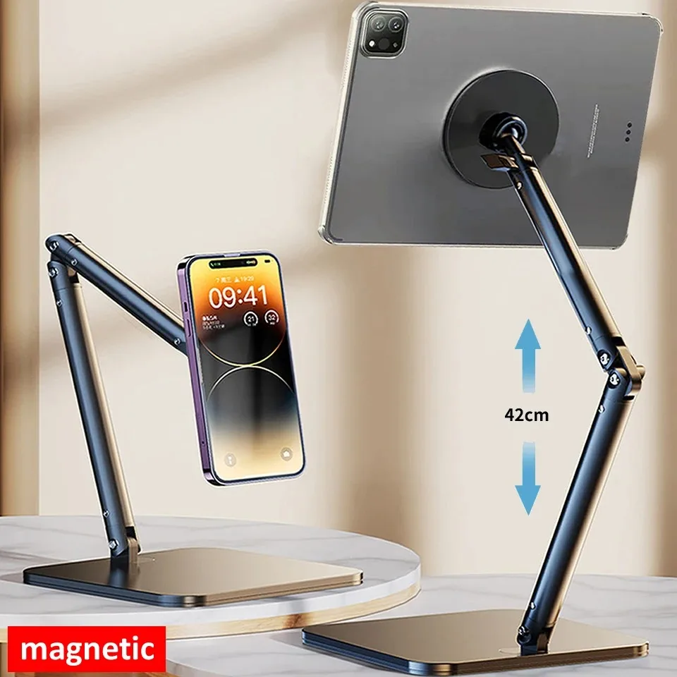 Premium Aluminum Alloy Magnetic Tablet Stand, Foldable Phone Holder for iPad Pro/Air, Xiaomi Redmi, Huawei - Portable Desktop De