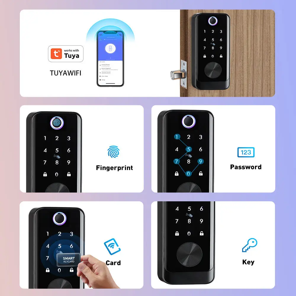 Satin nickel Fechadura Digital Tuya Wifi Smart Home App TTlock Electric Fingerprint Keyless Deadbolt Biometric Smart Door Lock