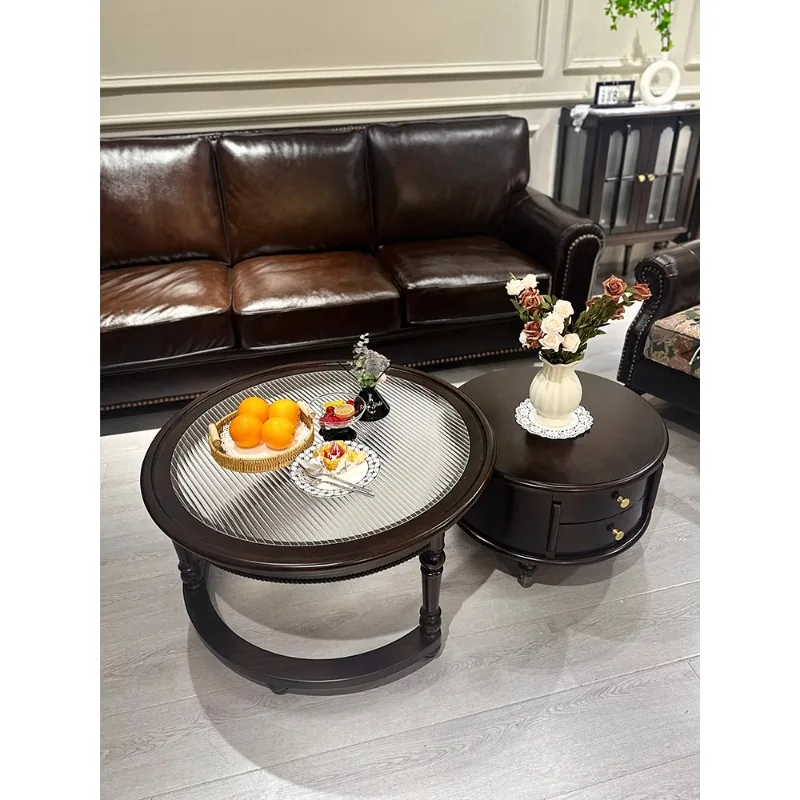 

French retro round solid wood coffee table TV cabinet combination living room household American small apartment tea table retra